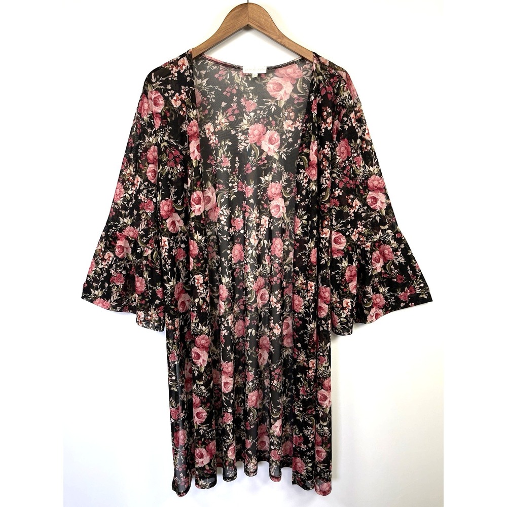 Joie de Vivre Mesh Boho Bell Sleeve Floral Duster Kimono M Plum Pool Beach Cover